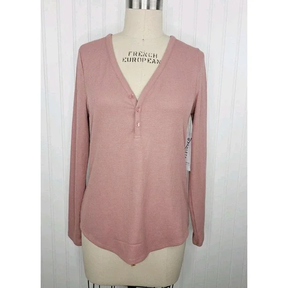 ATHLETA Wind Down Sleep Top Pink Sz M NWT Retail $49 Long Sleeve Waffle Henley - Picture 2 of 10